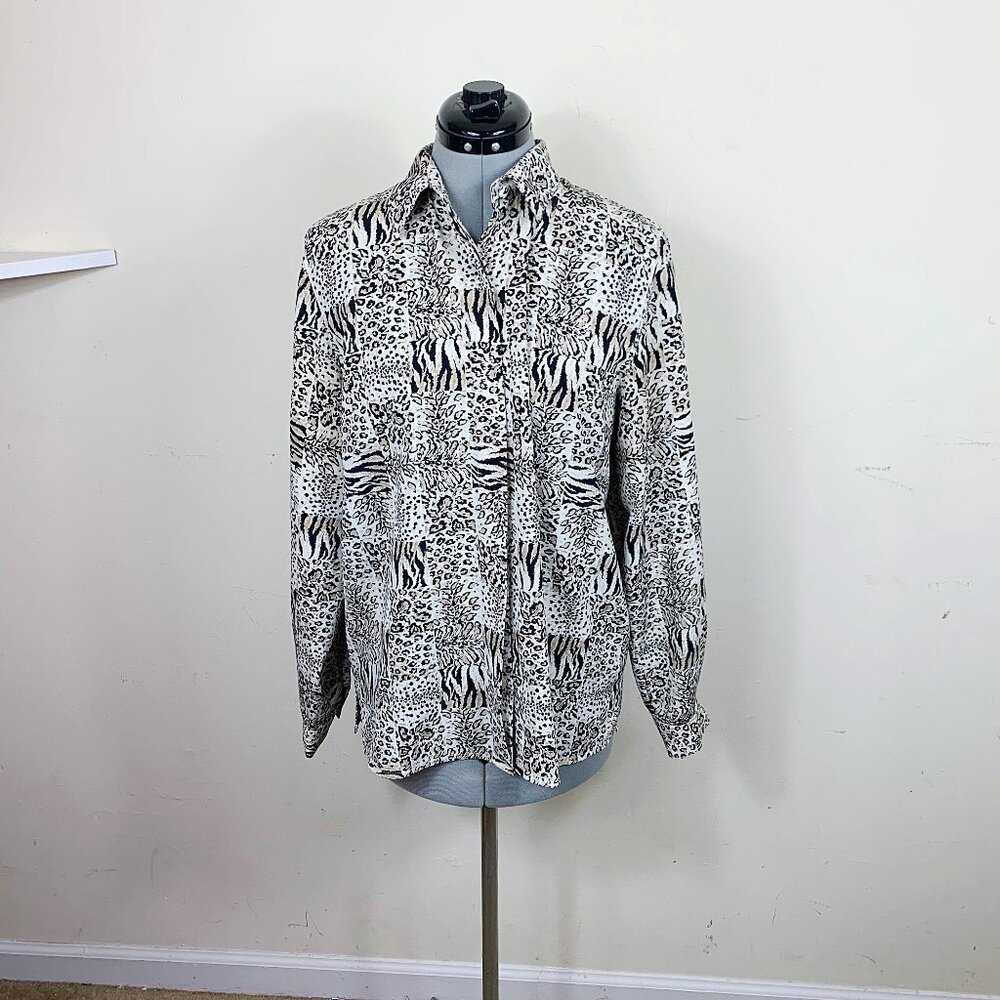 Vintage 2000s Animal Print Patchwork Secretary Blouse Size 10